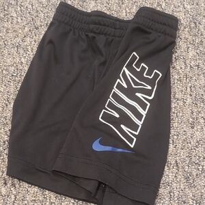 Nike Black Shorts with White Outlined Logo and Blue Swoosh